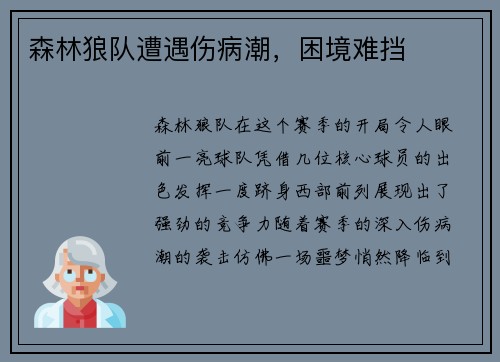 森林狼队遭遇伤病潮，困境难挡